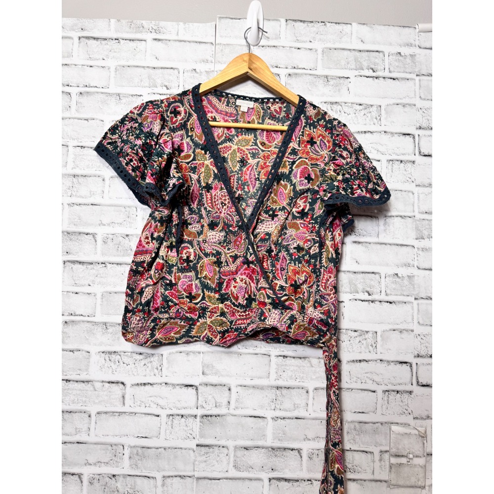 Jennifer & Grace Paisley Wrap Top Small Cotton Crochet Eyelet Cropped Multicolor
